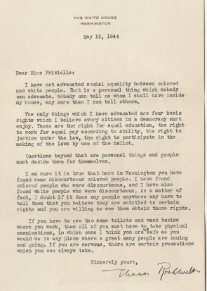 Eleanor Roosevelt to Addie Frizielle, May 13, 1944 (GLC09544)