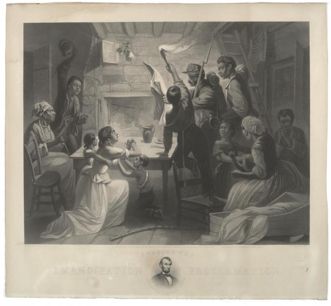Reading the Emancipation Proclamation, 1863. (Gilder Lehrman Collection.)