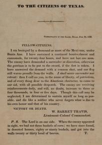 William Barret Travis, “To the Citizens of Texas,” February 24, 1836. (Gilder Lehrman Collection)
