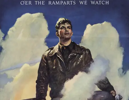 WWII era poster with pilot and angel wings suggested by clouds in the background