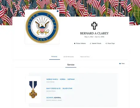 Screenshot of Military Profile of Veteran on VLM website