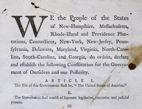 View of rare first printing of the Constitution with notes by Pierce Butler, focused on the preamble