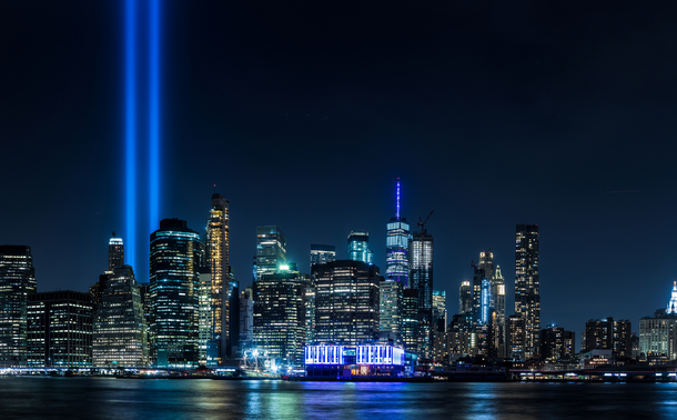 New York City skyline with beacons of light where the World Trade Center used to be