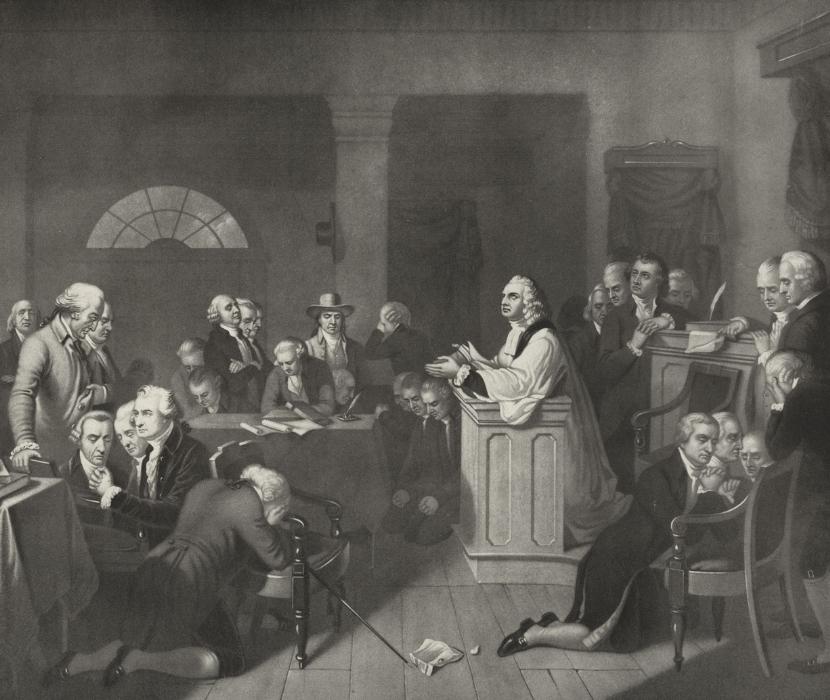 19th-century engraving showing the Continental Congress at prayer