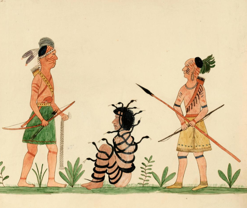 1827 watercolor depicting two Iroquois warriors flanking naked man bound in snakes