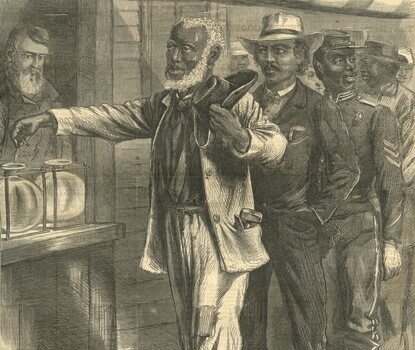 Image from illustrated 19th-century magazine showing line of Black men casting their vote