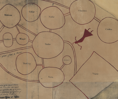 Facsimile of a deerskin map made by a Catawba Indian depicting the situation of several nations of Indians to the northwest of South Carolina