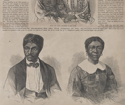 Engraving showing a Black man in a coat, vest, white shirt, and bow tie and a Black woman wearing a patterned dress with a wide white collar, with earrings.