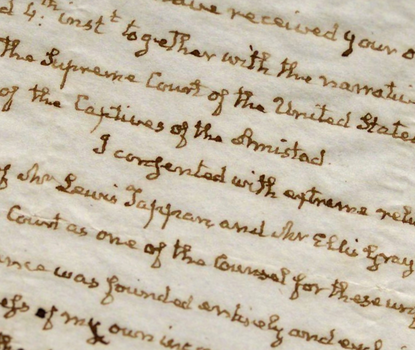 Handwritten letter from John Quincy Adams with visible text discussing "the Supreme Court of the United States" and "the Captives of the Amistad"