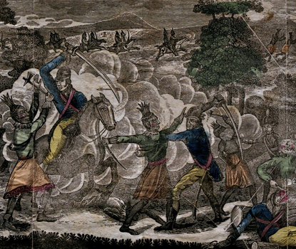 View from a woodcut engraving depicting an early nineteenth-century battle, with clouds of gunsmoke and Euroamericans and Native Americans engaged in hand to hand combat.