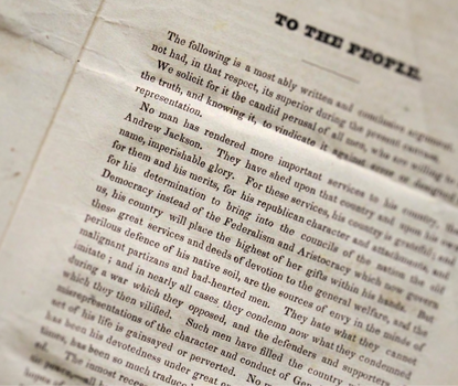 View of published with visible text extolling Andrew Jackson