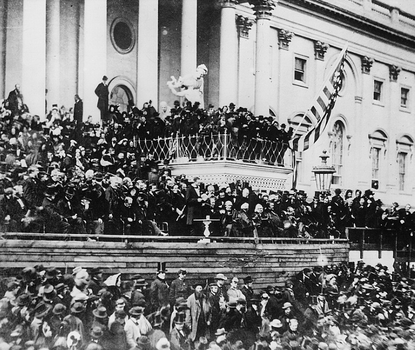 Black and white photograph showing Lincoln's Second Inaugural address, delivered at the east portico of the U.S. Capitol