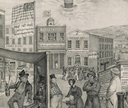 Lithograph showing a satyrical urban scene, intended to blame the depressed state of the American economy on Andrew Jackson, represented in the sky by floating hat, spectacles, and clay pipe with the word glory