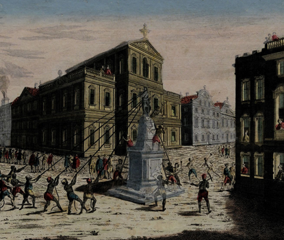 Print of the New York Sons of Liberty destroying a statue of King George III.