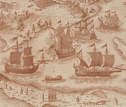 Ships in the harbor firing upon a fortification