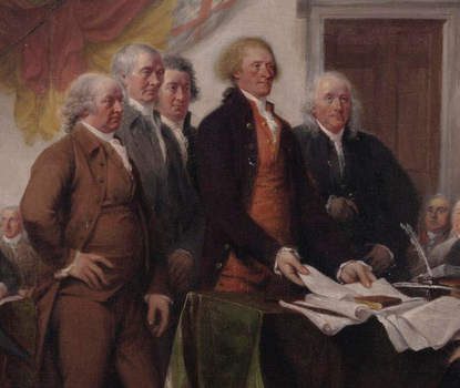 Painting showing John Adams, Thomas Jefferson, and Benjamin Franklin submitting their draft of the Declaration to the Continental Congress