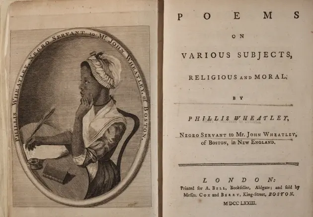 Frontispiece and title page of book of poetry published in 1773 with portrait of Phillis Wheatley