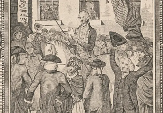 Crowd in a city gathered around a man reading a document (presumably the declaration of independence). 