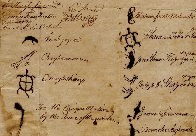 Official document with signatures of Iroquois delegates, represented by various animal sketches