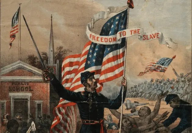 Poster with a fantastical Civil War battle in the background and a union soldier in the foreground waving a US flag