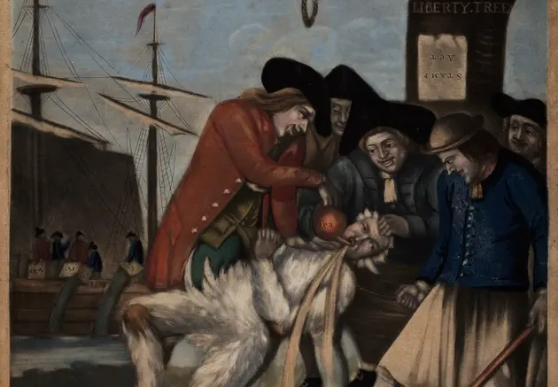 Political cartoon showing a tax collector being tarred and feathered