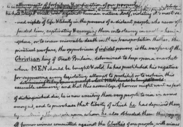 Portion of Jefferson's rough draft of the Declaration focused on slavery