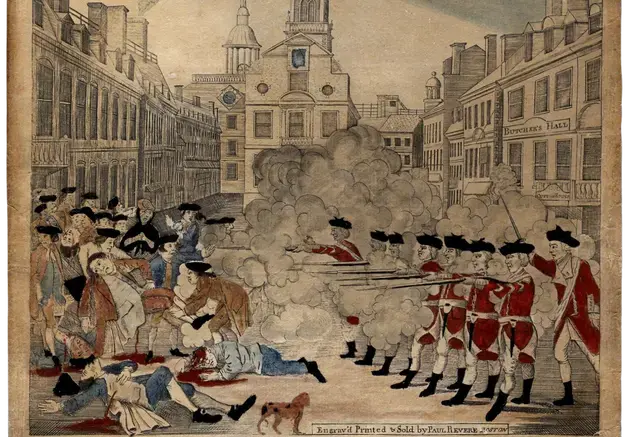 British troops firing upon the crowd in Boston during the Boston Massacre, March 5, 1770. The British soldiers are on the right firing into the crowd on the left.