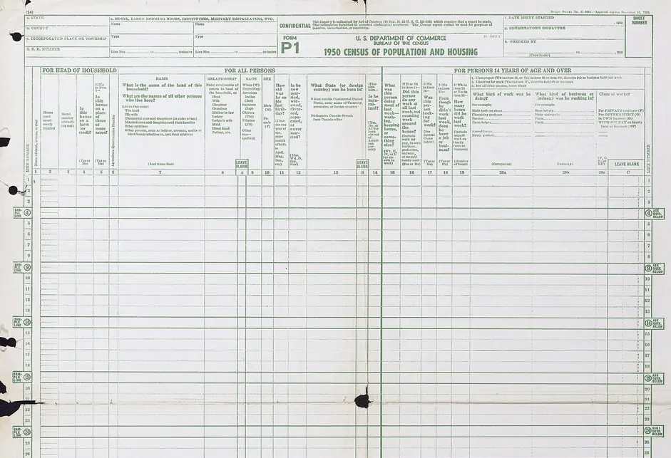 Blank population schedule from 1950 Census