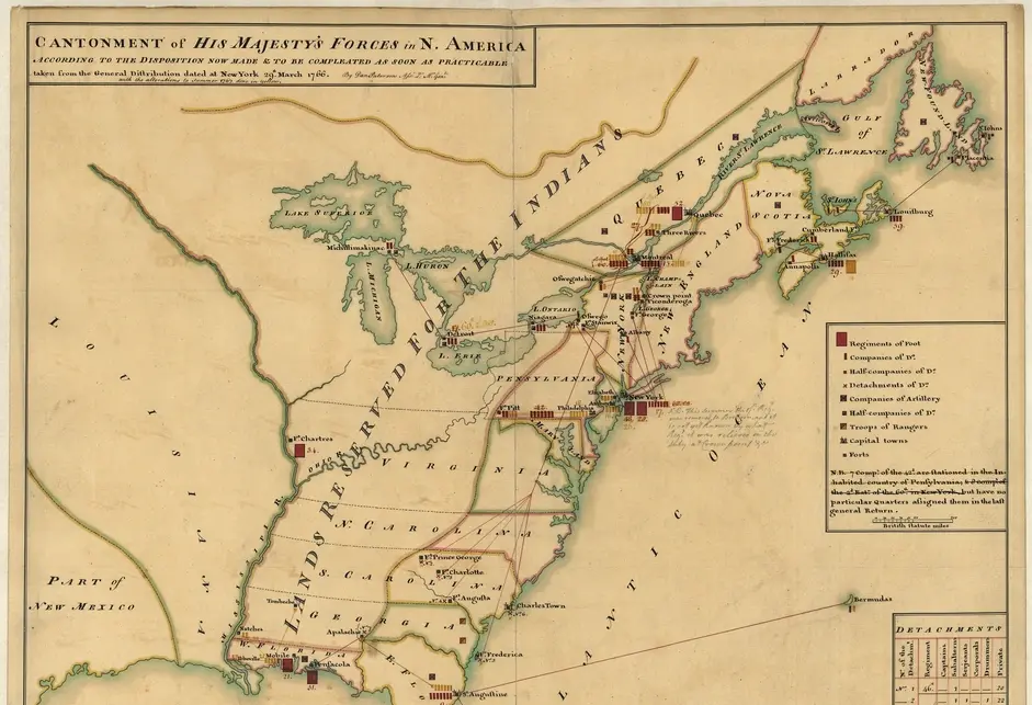 Hand-drawn map of eastern seaboard of North America focused on positions of British troops