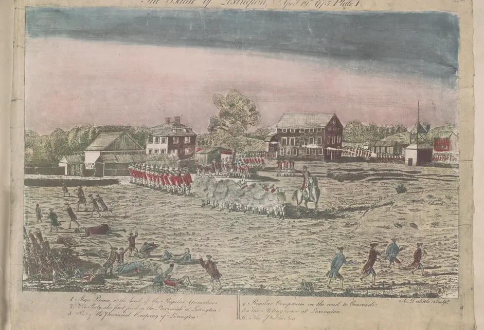 View of open field with British soldiers firing on colononists who are dispersing