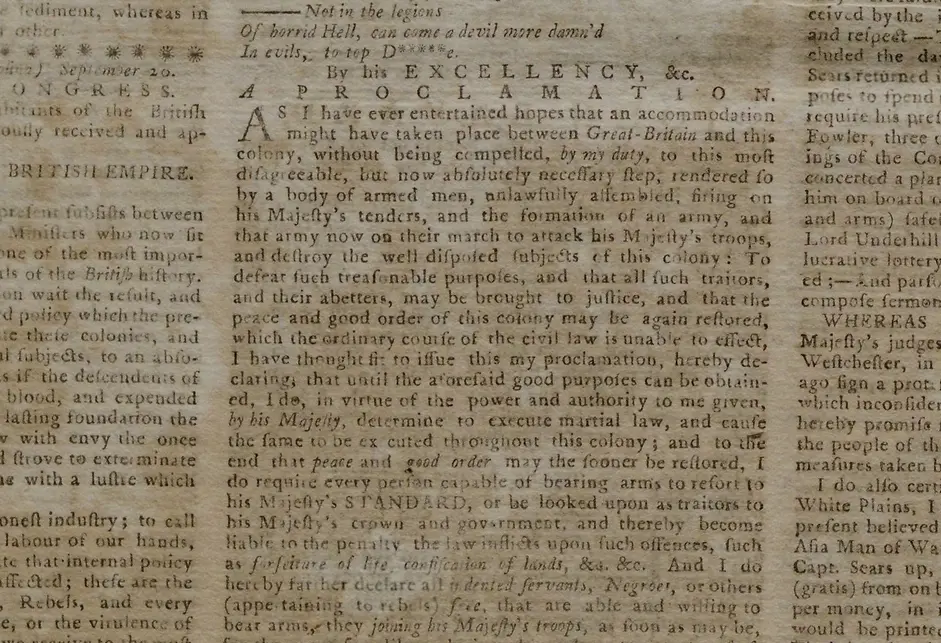 Page of colonial newspaper from 1775 featuring a reprint of Dunmore's proclamation