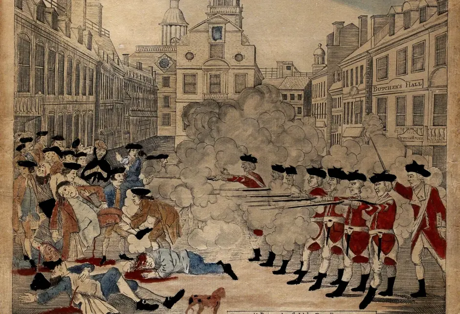 Engraving showing British soldiers firing into crowd in Boston