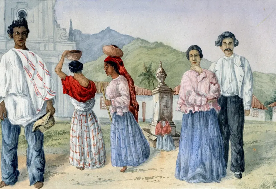 Five people including two women holding pots on their had, one shoeless man holding a hat, and what appears to be a well dressed married couple.