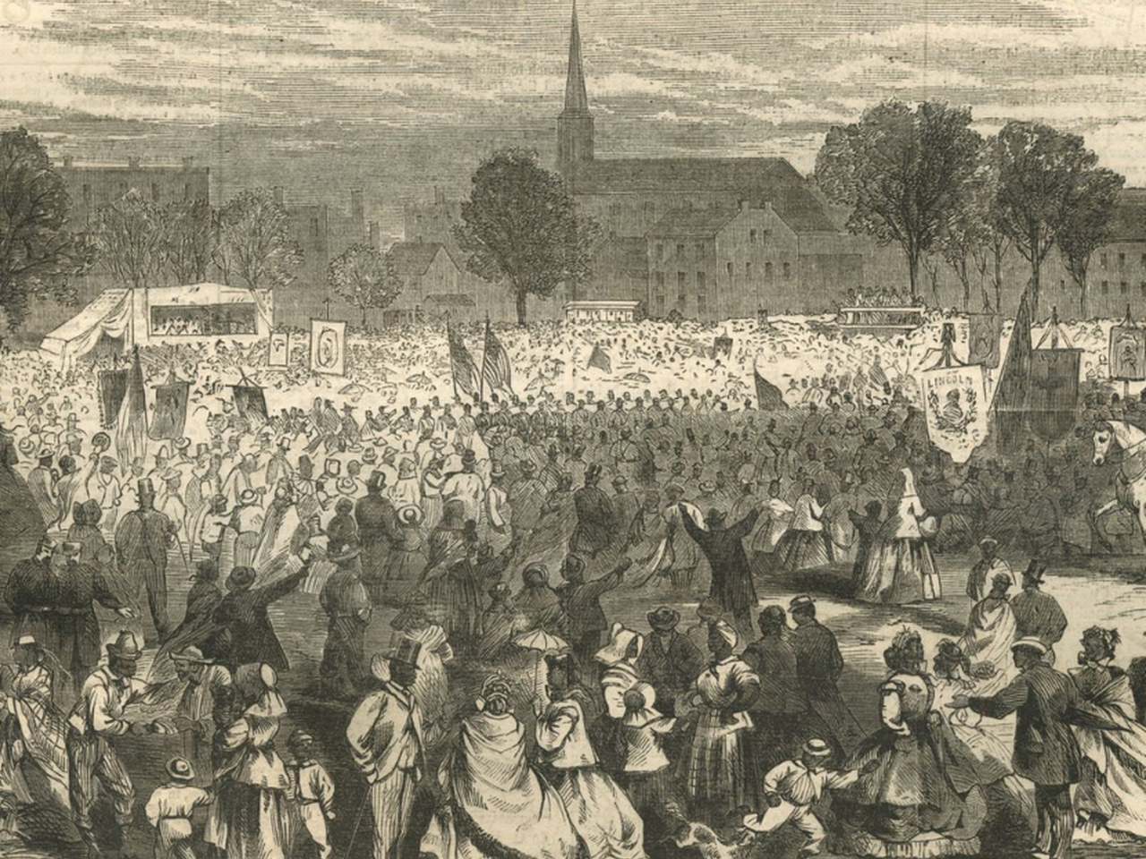 Illustration of crowd celebtrating the abolition of slavery in Washington, D.C.