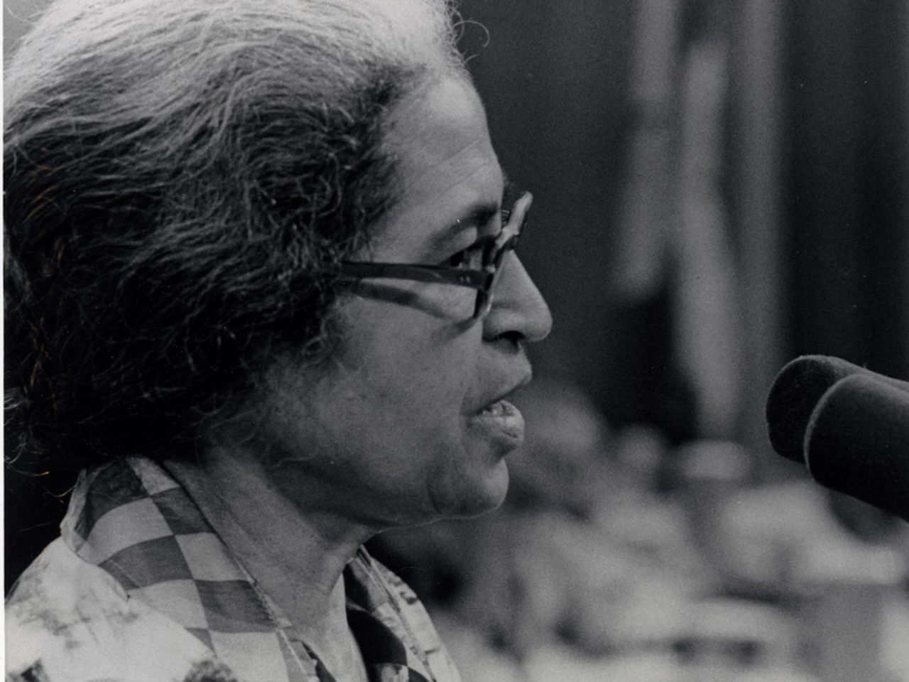 Rosa Parks speaking at a microphone