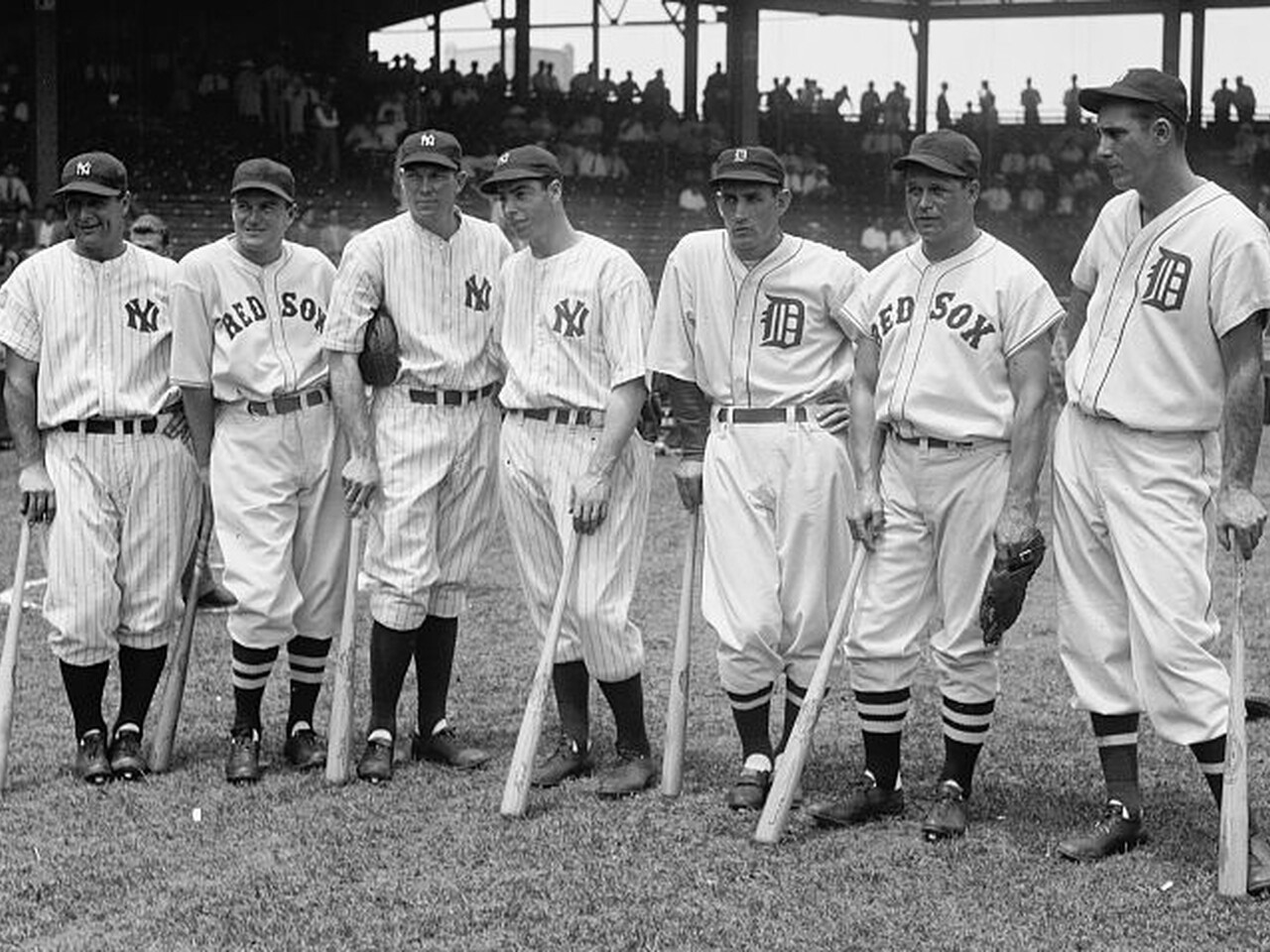 Baseball players in Washington DC on July 7, 1937: (from left to right) Lou Gehrig, Joe Cronin, Bill Dickey, Joe DiMaggio, Charley Gehringer, Jimmie Foxx, and Hank Greenberg. Photographed by Harris & Ewing. (Library of Congress)