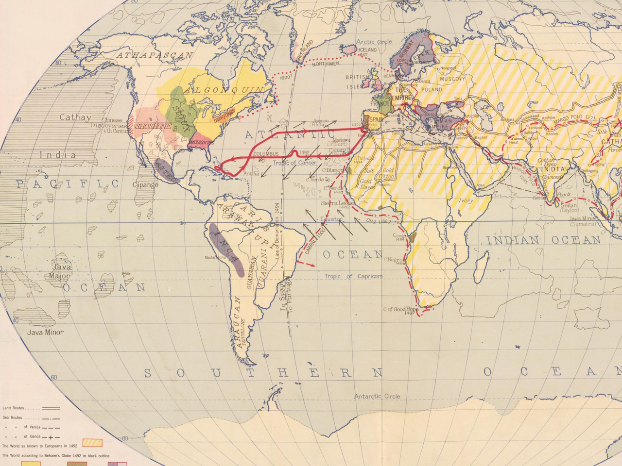 World map showing pathway of Columbus' voyages