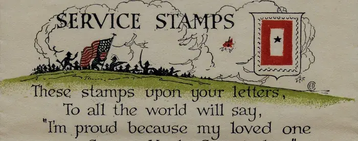 Note from a WWI stamp book with cartoon silhouette of fighting 