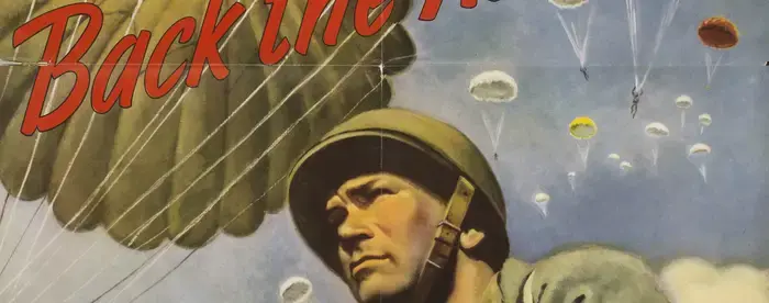 WWII Era War Bonds poster showing soldier and parachutists