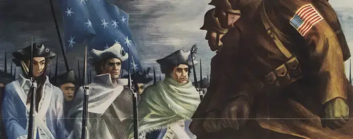 WWII poster showing 1943 troops passing Revolutionary era soldiers