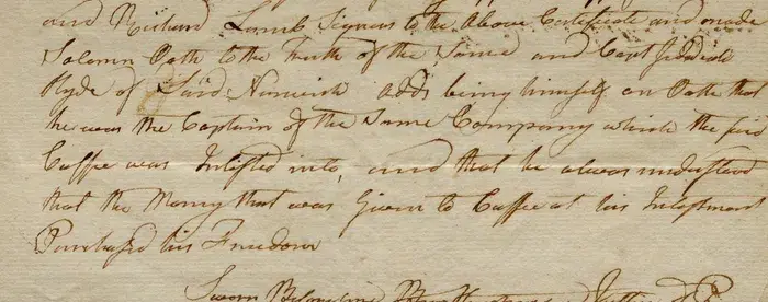 Handwritten Document showing two statements from 1781, attesting to the freedom of Cuffee Saunders