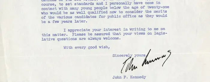 Response letter from John F Kennedy to constituent over issue of voting age