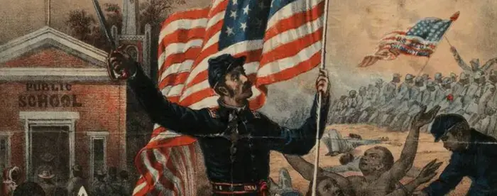 Civil War recruitment poster showing soldier waving a flag and banner saying "Freedom to the Slave"