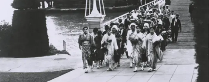 A group of immigrants arriving at Angel Island.