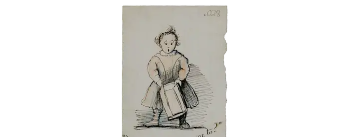 Sketch of child holding an empty box with quote below "Where my tools all gone to?"