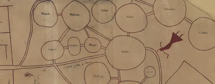 Facsimile of a deerskin map made by a Catawba Indian depicting the situation of several nations of Indians to the northwest of South Carolina