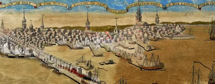 Paul Revere's hand colored engraving of Boston with British warships landing troops