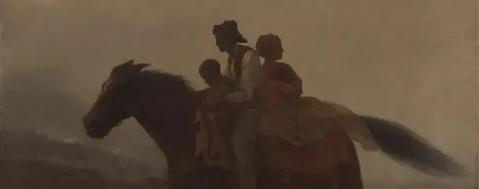 Oil painting from 1862 by Eastman Johnson showing an enslaved family on horse, riding to Union lines