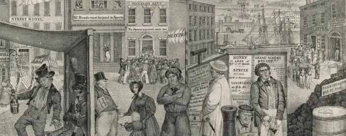 Lithograph showing a satyrical urban scene, intended to blame the depressed state of the American economy on Andrew Jackson, represented in the sky by floating hat, spectacles, and clay pipe with the word glory