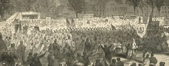 Illustration of crowd celebtrating the abolition of slavery in Washington, D.C.